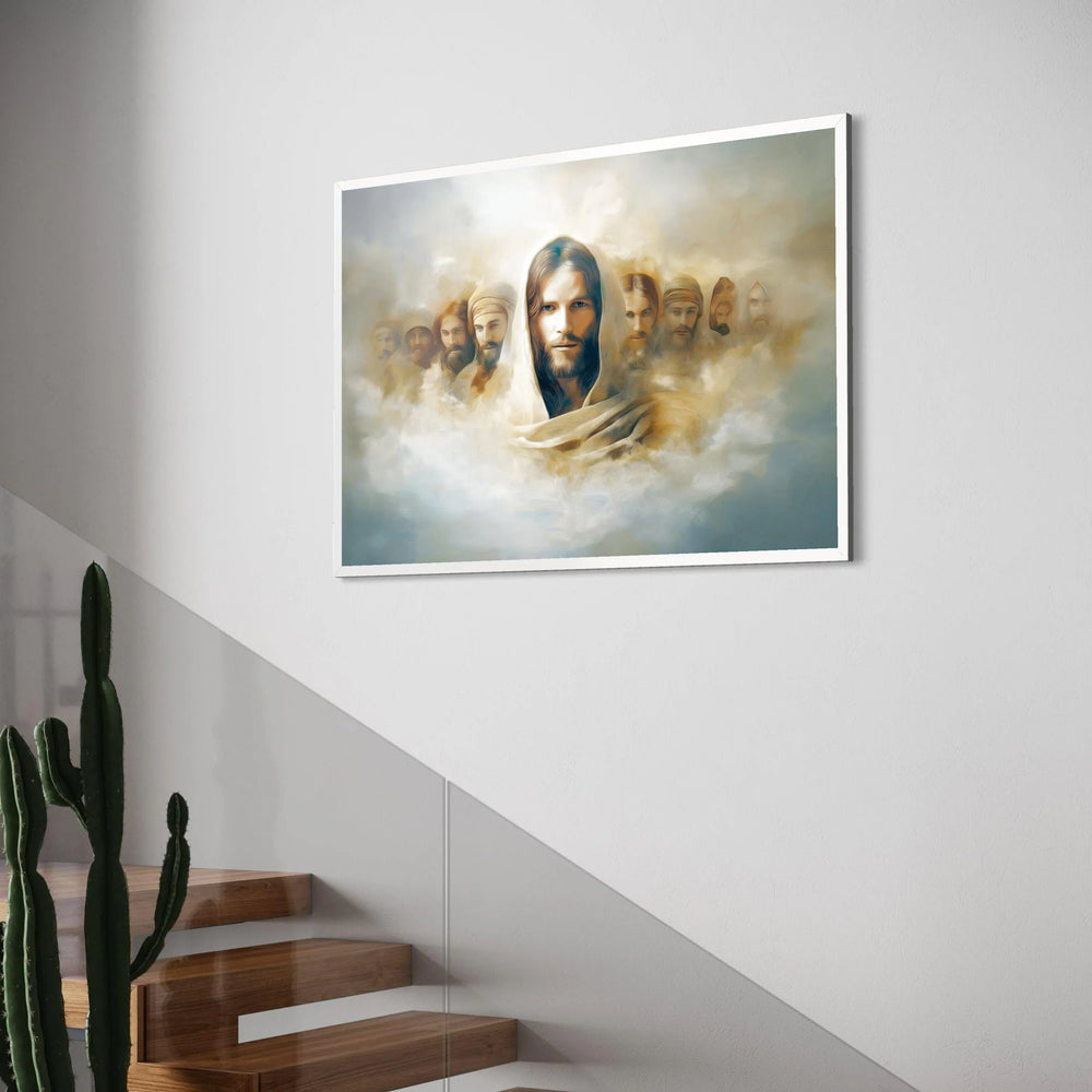 Spiritual Leader Portrait Canvas, Jesus Christ and Disciples, Religious Wall Art, Divine Light Illustration, Inspirational Home Print Art