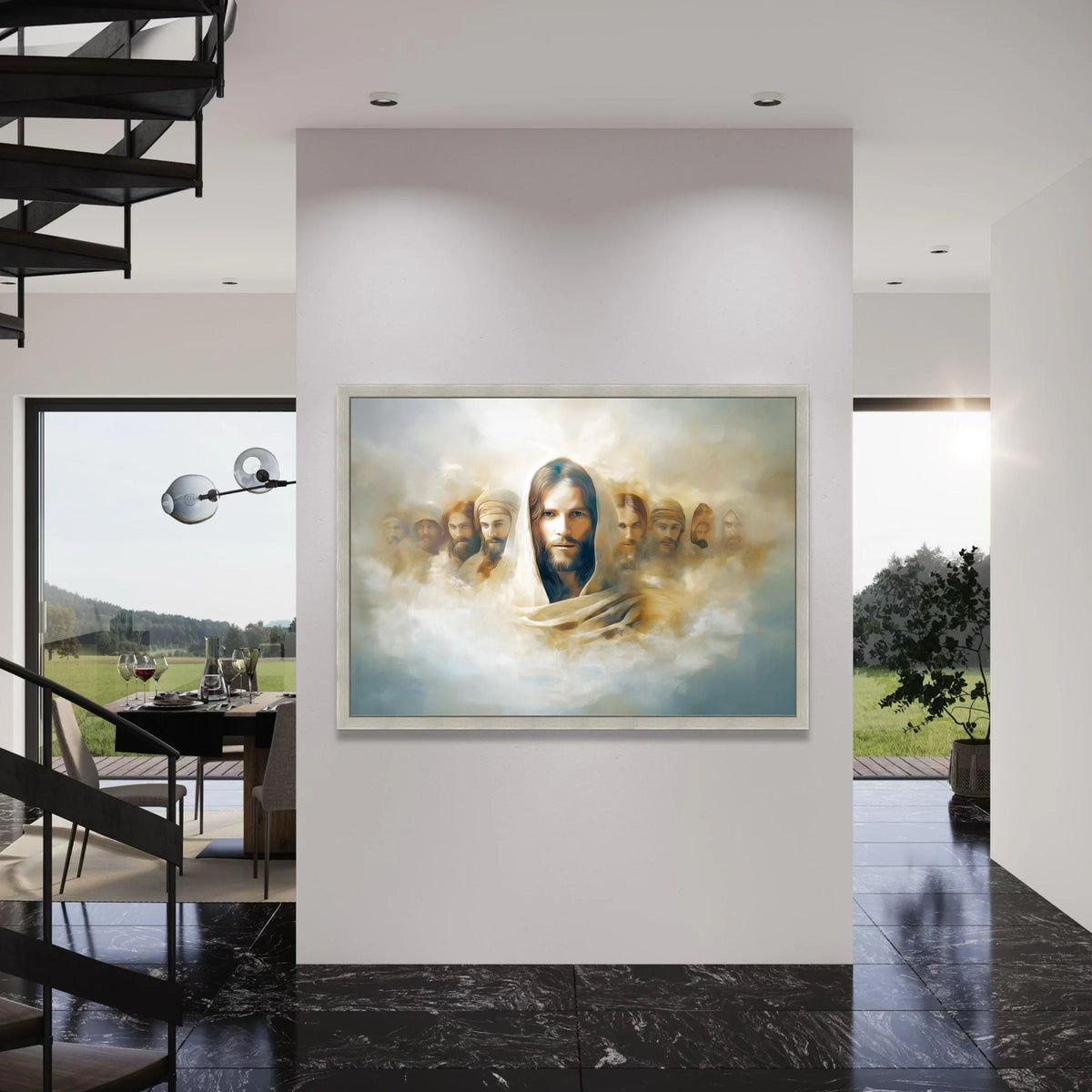 Spiritual Leader Portrait Canvas, Jesus Christ and Disciples, Religious Wall Art, Divine Light Illustration, Inspirational Home Print Art