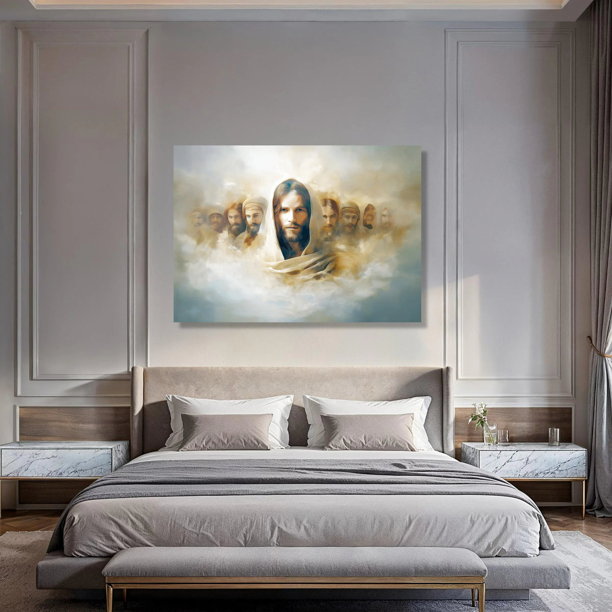 Spiritual Leader Portrait Canvas, Jesus Christ and Disciples, Religious Wall Art, Divine Light Illustration, Inspirational Home Print Art