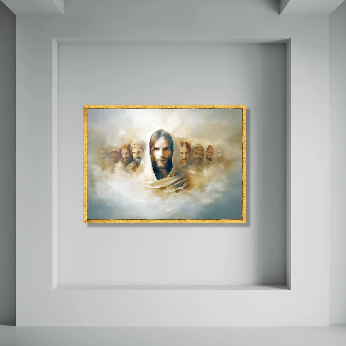 Spiritual Leader Portrait Canvas, Jesus Christ and Disciples, Religious Wall Art, Divine Light Illustration, Inspirational Home Print Art