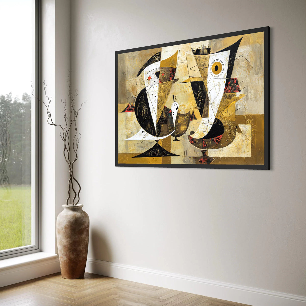 Abstract Vintage Bird Art Canvas, Modern Geometric Wall Decor, Mid Century Style Canvas, Unique Home Decoration, Ready to Hang Print Art