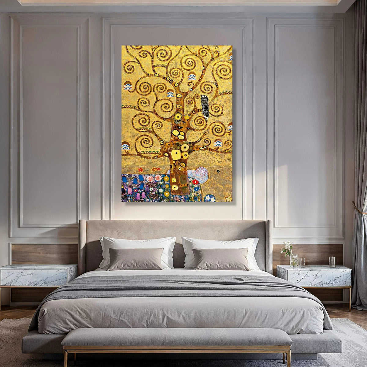 Golden Tree of Life Canvas Wall Art, Abstract Spiral Tree Design, Decorative Nature Canvas, Unique Home Wall Decoration Print Art