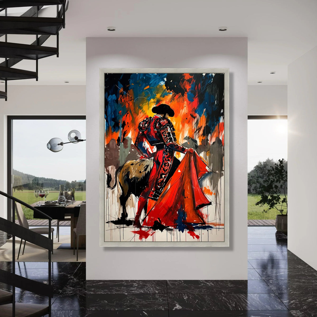Dynamic Bullfighter Canvas, Matador Red Costume Wall Art, Spanish Tradition Painting, Vibrant Abstract Matador Scene, Ready to Print Art