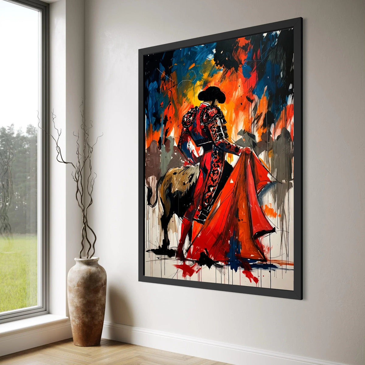 Dynamic Bullfighter Canvas, Matador Red Costume Wall Art, Spanish Tradition Painting, Vibrant Abstract Matador Scene, Ready to Print Art