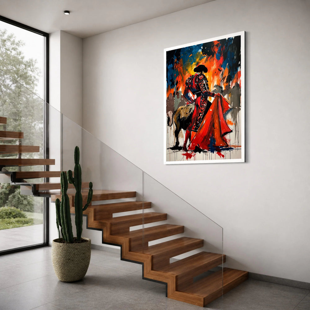 Dynamic Bullfighter Canvas, Matador Red Costume Wall Art, Spanish Tradition Painting, Vibrant Abstract Matador Scene, Ready to Print Art