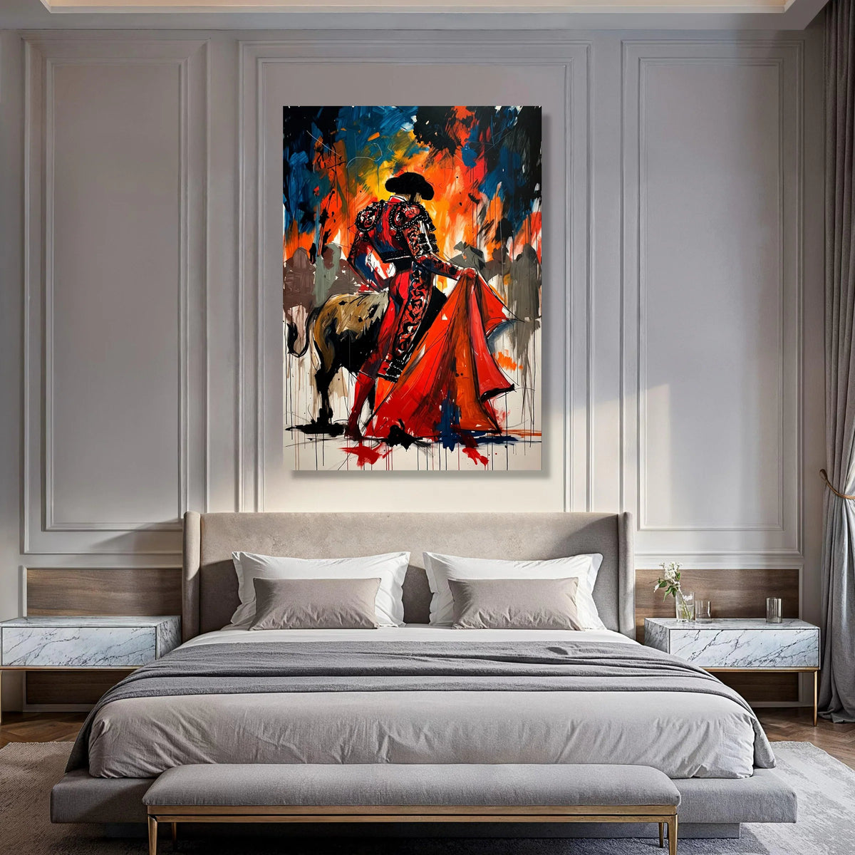 Dynamic Bullfighter Canvas, Matador Red Costume Wall Art, Spanish Tradition Painting, Vibrant Abstract Matador Scene, Ready to Print Art