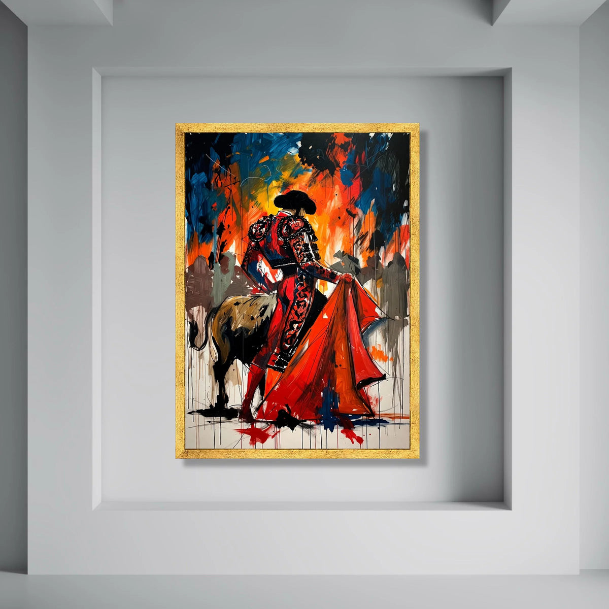 Dynamic Bullfighter Canvas, Matador Red Costume Wall Art, Spanish Tradition Painting, Vibrant Abstract Matador Scene, Ready to Print Art