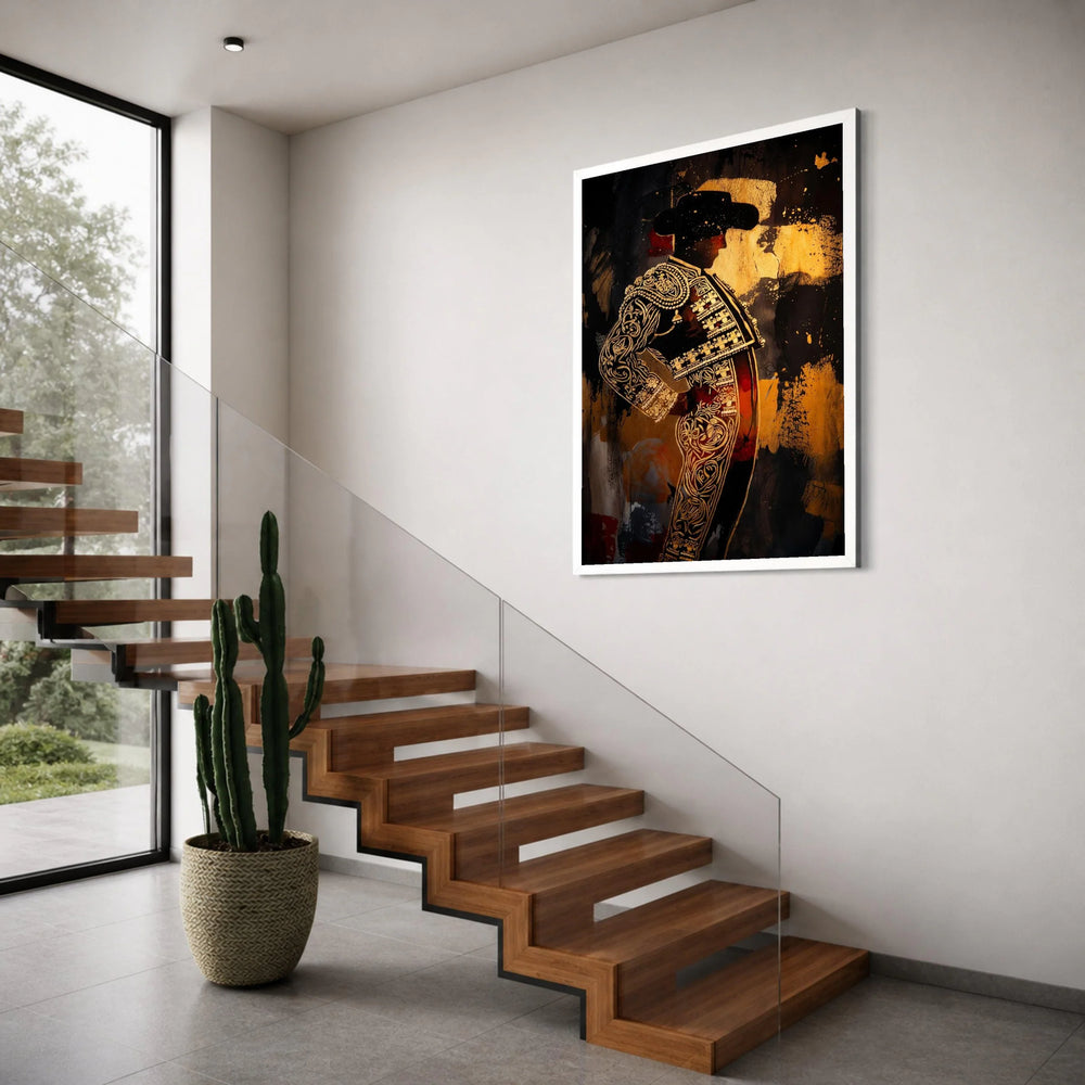Bold Matador Silhouette Canvas, Bullfighter Costume Art, Spanish Culture Wall Decoration, Vibrant Gold Accent Canvas, Dramatic Print Art