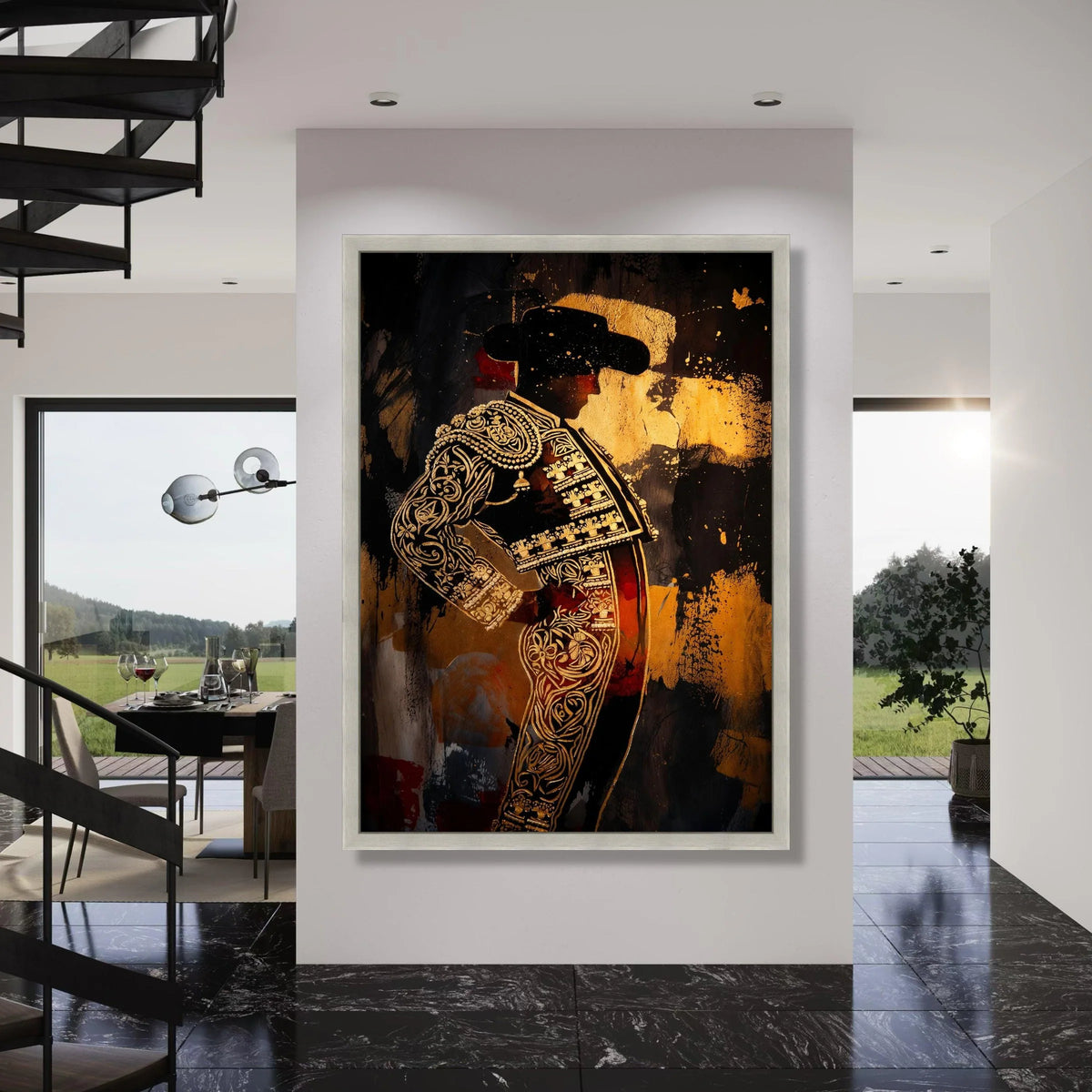 Bold Matador Silhouette Canvas, Bullfighter Costume Art, Spanish Culture Wall Decoration, Vibrant Gold Accent Canvas, Dramatic Print Art