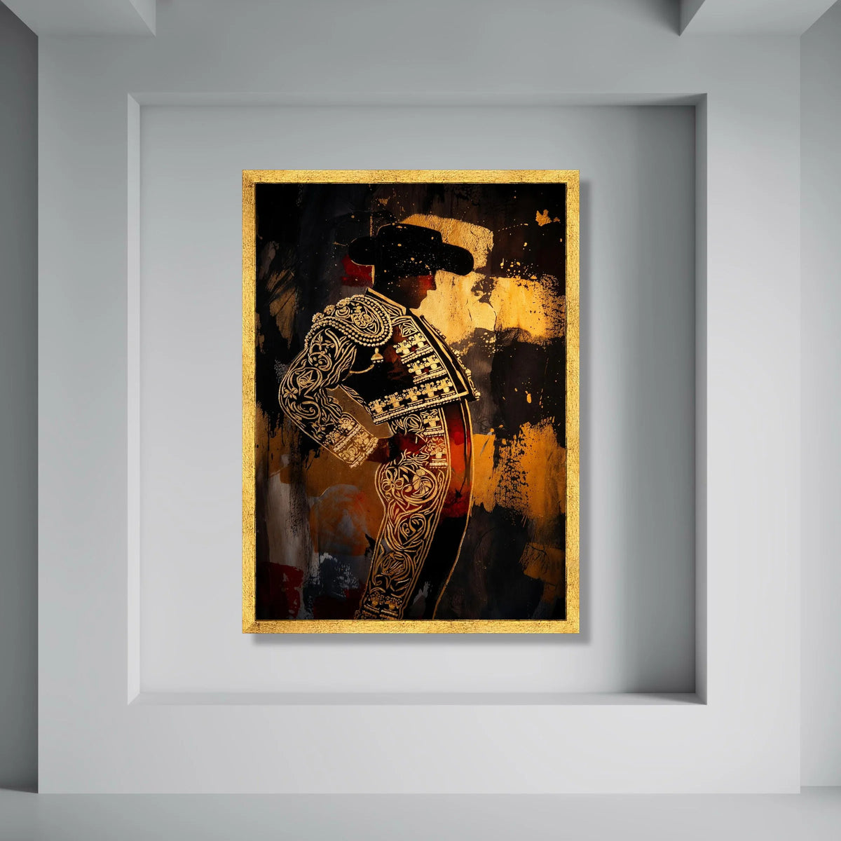 Bold Matador Silhouette Canvas, Bullfighter Costume Art, Spanish Culture Wall Decoration, Vibrant Gold Accent Canvas, Dramatic Print Art