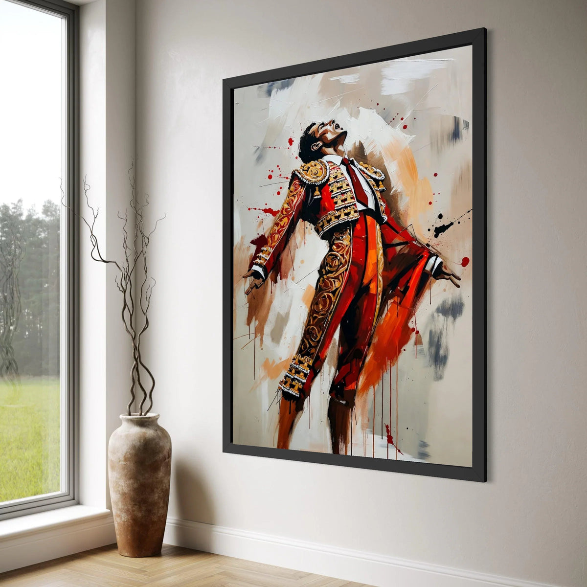 Dynamic Matador Pose Canvas Wall Art, Bullfighter Portrait Painting, Flamenco Culture Decor, Vibrant Spanish Costume Canvas, Print Art