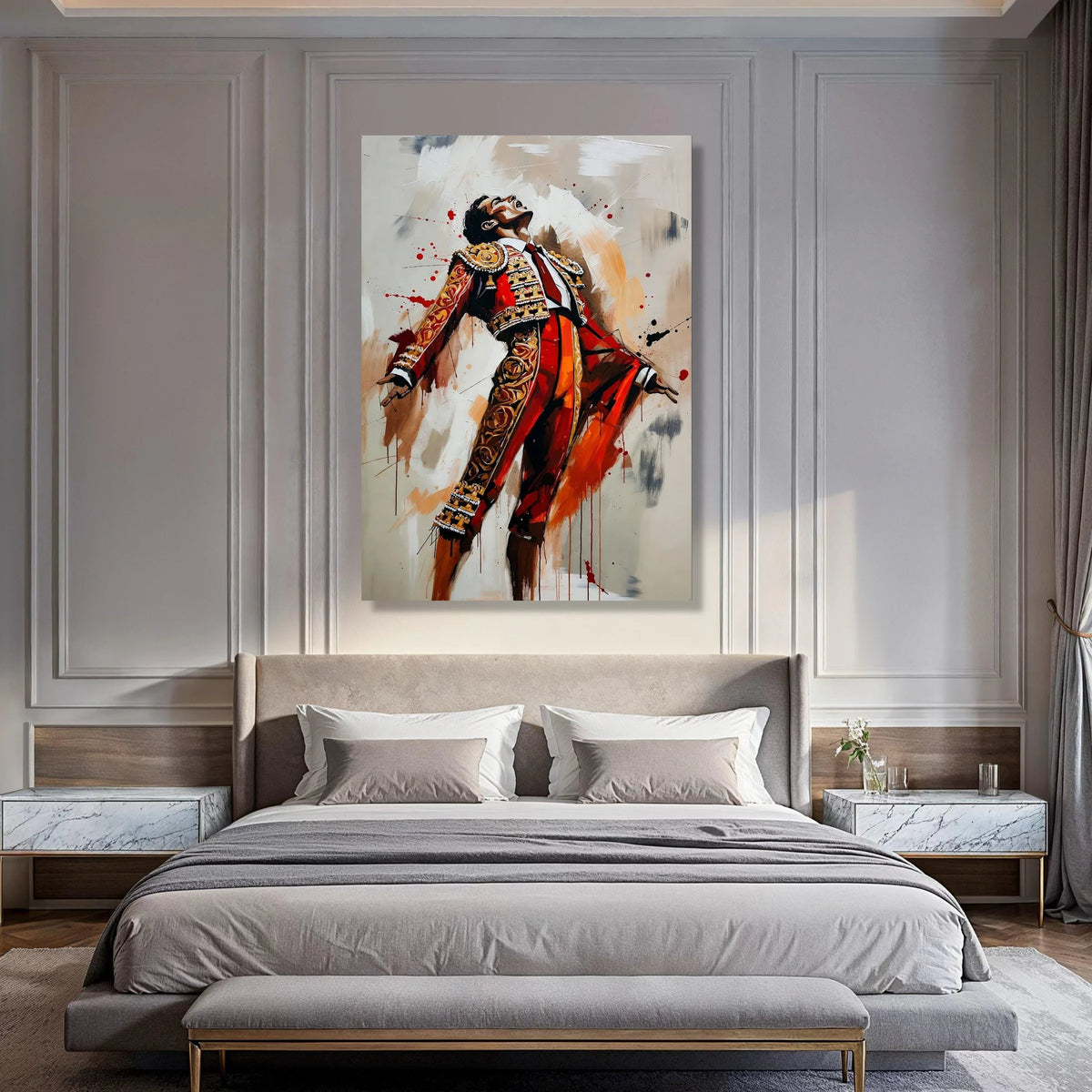 Dynamic Matador Pose Canvas Wall Art, Bullfighter Portrait Painting, Flamenco Culture Decor, Vibrant Spanish Costume Canvas, Print Art