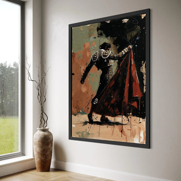 Dramatic Bullfighter Pose Canvas, Spanish Matador Wall Art, Bold Red Cape Decoration, Bullfighting Scene Canvas, Elegant Male Print Art