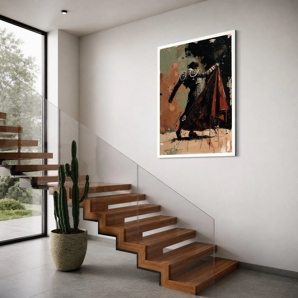 Dramatic Bullfighter Pose Canvas, Spanish Matador Wall Art, Bold Red Cape Decoration, Bullfighting Scene Canvas, Elegant Male Print Art