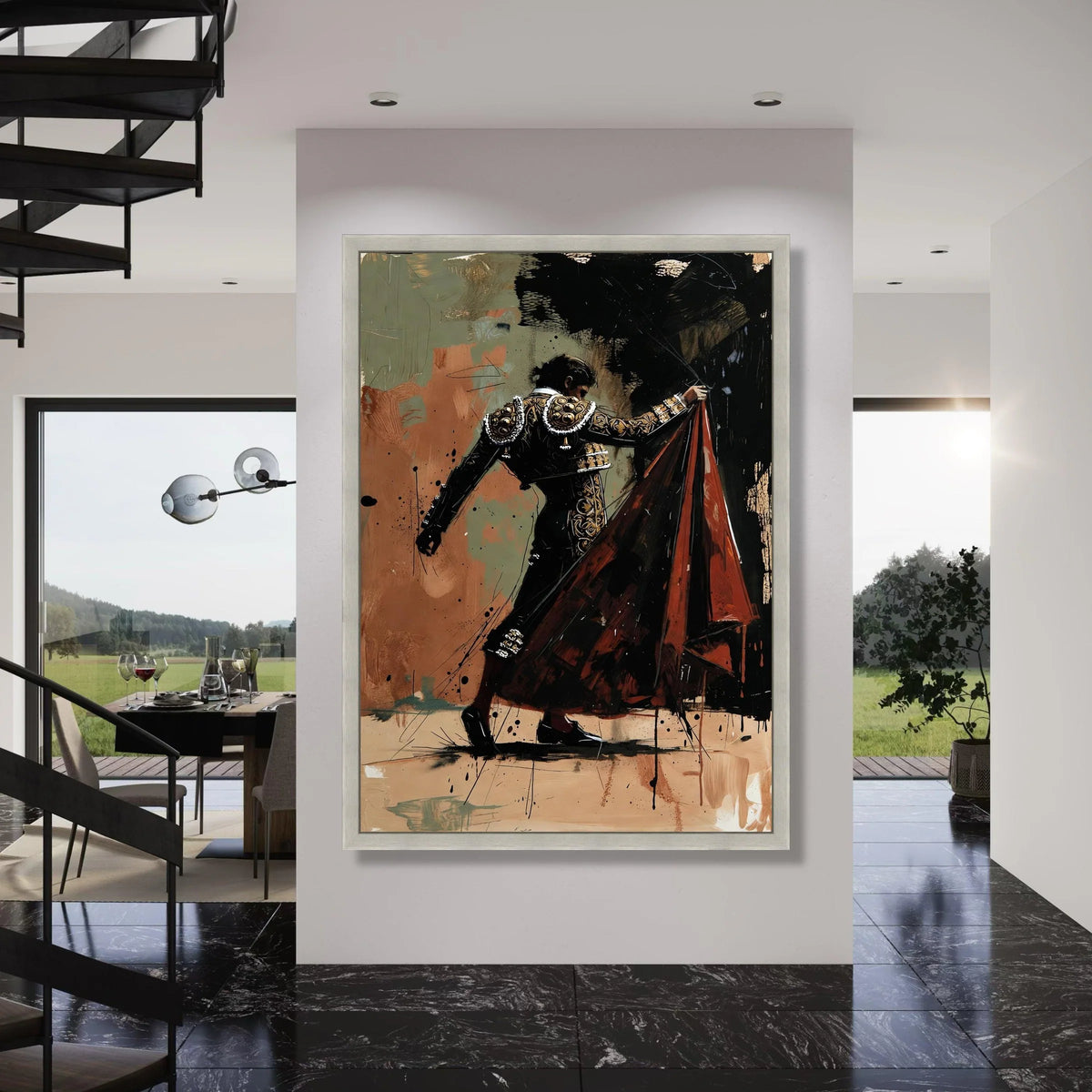 Dramatic Bullfighter Pose Canvas, Spanish Matador Wall Art, Bold Red Cape Decoration, Bullfighting Scene Canvas, Elegant Male Print Art