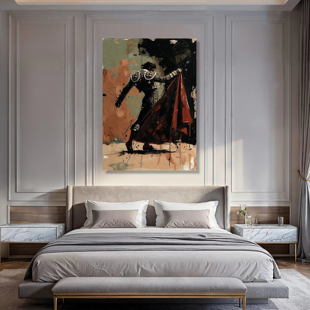 Dramatic Bullfighter Pose Canvas, Spanish Matador Wall Art, Bold Red Cape Decoration, Bullfighting Scene Canvas, Elegant Male Print Art
