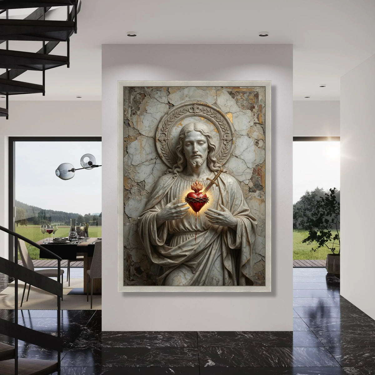 Sacred Heart Jesus Statue Canvas, Religious Wall Art, Christian Home Decor, Spiritual Canvas Print, Inspirational Faith Artwork Print Art