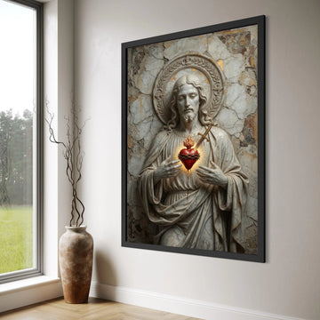 Sacred Heart Jesus Statue Canvas, Religious Wall Art, Christian Home Decor, Spiritual Canvas Print, Inspirational Faith Artwork Print Art