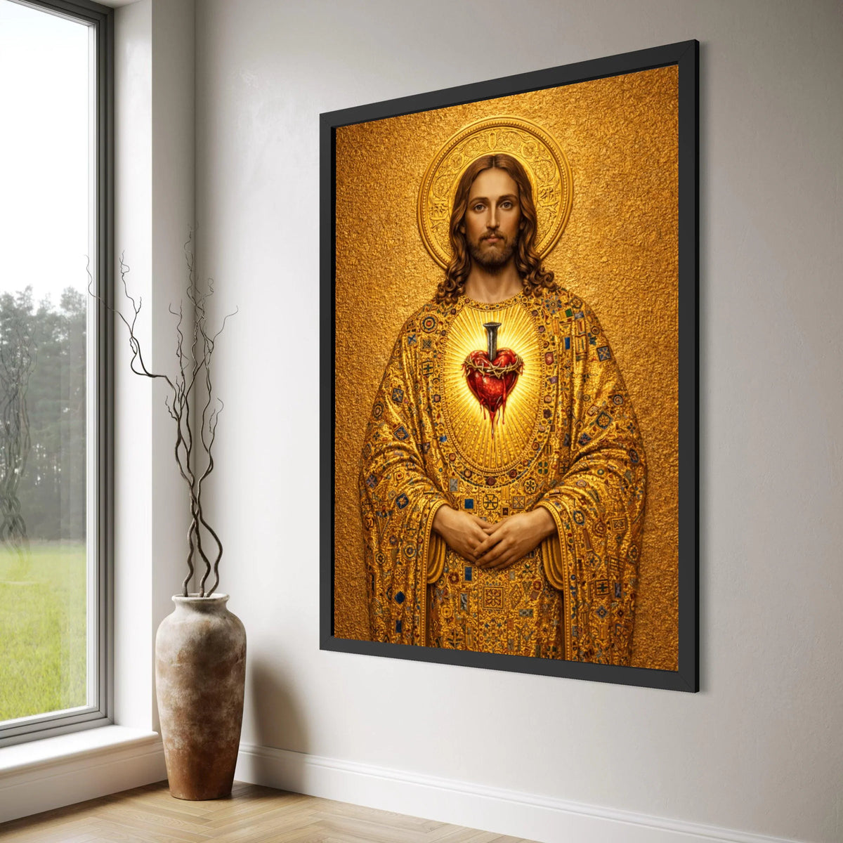 Sacred Heart of Jesus Canvas, Religious Christian Wall Art, Golden Spiritual Painting, Inspirational Canvas Decor, Devotional Home Print Art