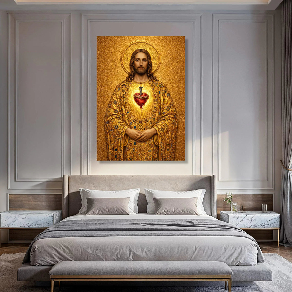 Sacred Heart of Jesus Canvas, Religious Christian Wall Art, Golden Spiritual Painting, Inspirational Canvas Decor, Devotional Home Print Art