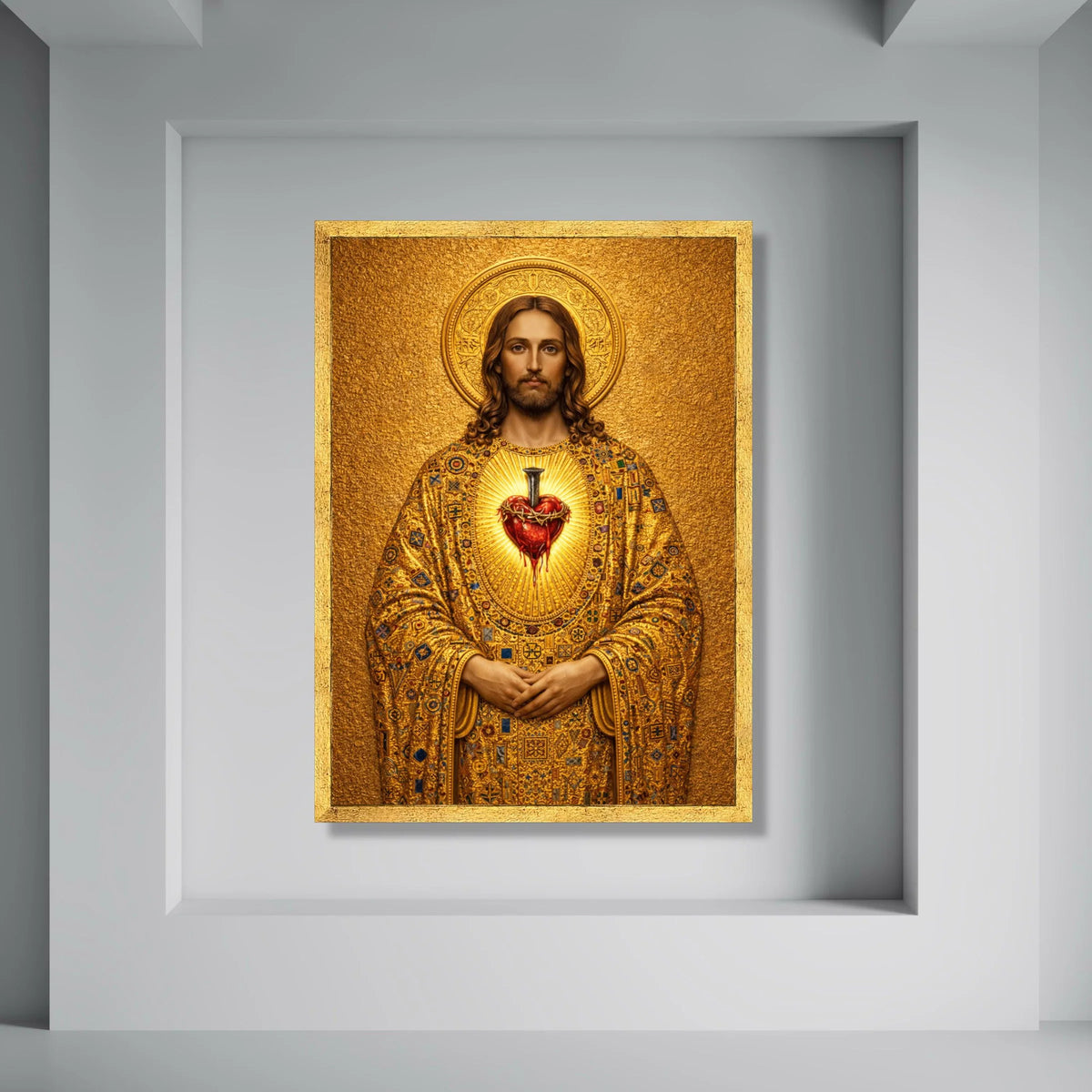 Sacred Heart of Jesus Canvas, Religious Christian Wall Art, Golden Spiritual Painting, Inspirational Canvas Decor, Devotional Home Print Art