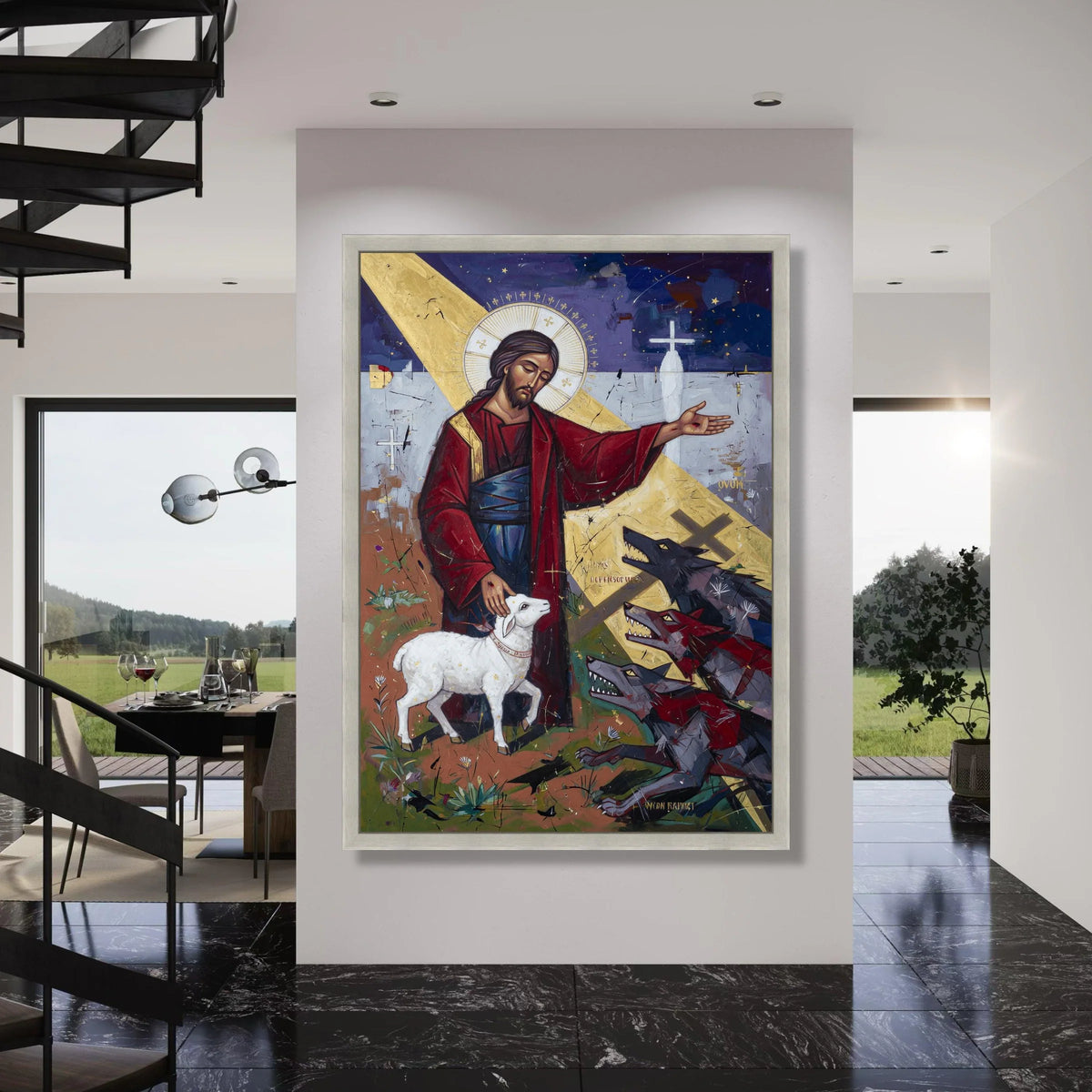 Christ the Good Shepherd Canvas Wall Art, Religious Christian Painting, Spiritual Lamb and Wolves, Inspirational Biblical Canvas Print Art