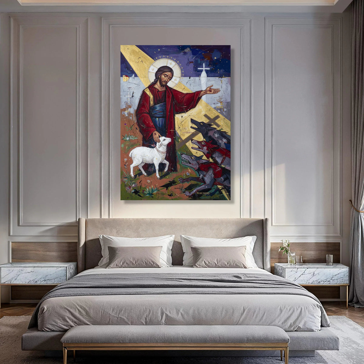 Christ the Good Shepherd Canvas Wall Art, Religious Christian Painting, Spiritual Lamb and Wolves, Inspirational Biblical Canvas Print Art
