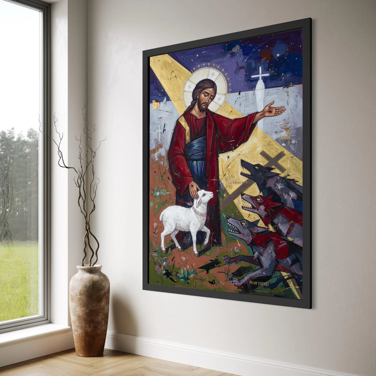 Christ the Good Shepherd Canvas Wall Art, Religious Christian Painting, Spiritual Lamb and Wolves, Inspirational Biblical Canvas Print Art