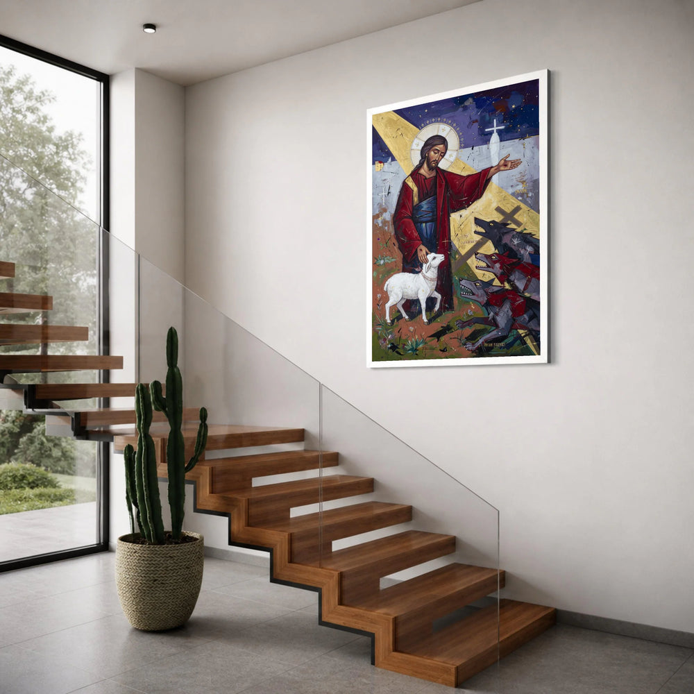 Christ the Good Shepherd Canvas Wall Art, Religious Christian Painting, Spiritual Lamb and Wolves, Inspirational Biblical Canvas Print Art