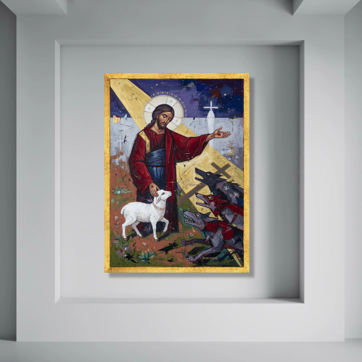 Christ the Good Shepherd Canvas Wall Art, Religious Christian Painting, Spiritual Lamb and Wolves, Inspirational Biblical Canvas Print Art
