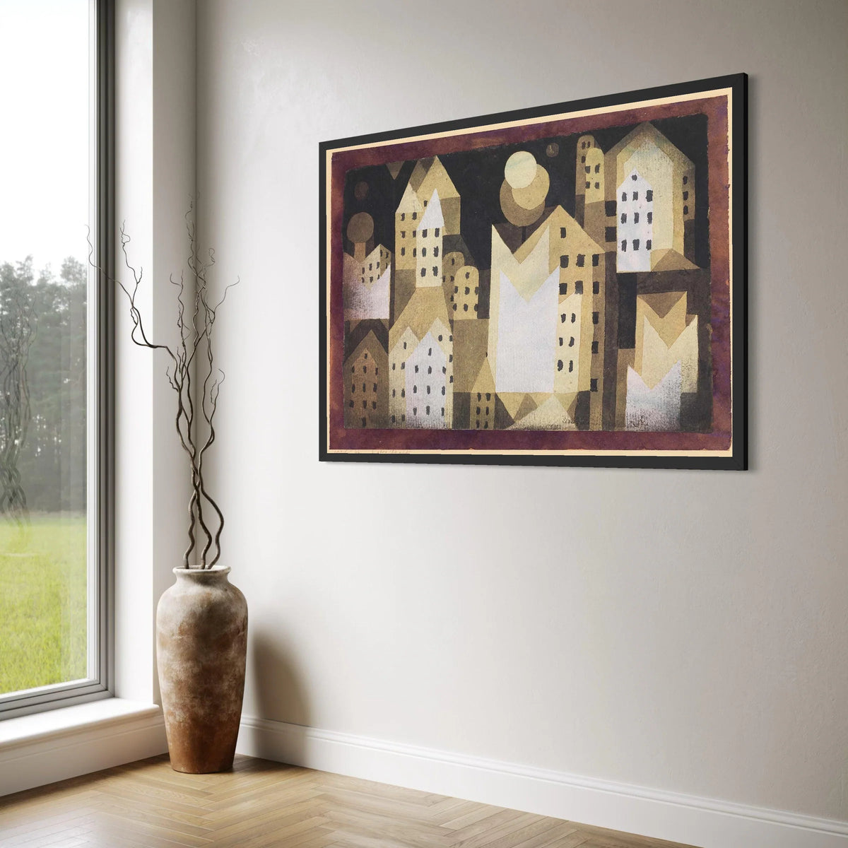 Geometric Cityscape Canvas, Abstract Urban Wall Art, Modern Home Decoration, Minimalist Architecture Print, Nighttime Moonlight Print Art