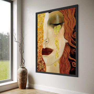 Golden Tears Woman Portrait Canvas, Abstract Female Face Wall Art, Emotional Expression Canvas, Modern Home Decoration Print Art