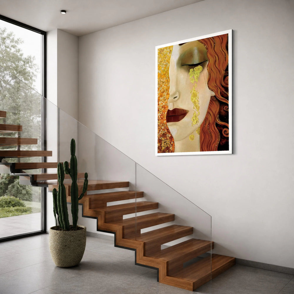 Golden Tears Woman Portrait Canvas, Abstract Female Face Wall Art, Emotional Expression Canvas, Modern Home Decoration Print Art