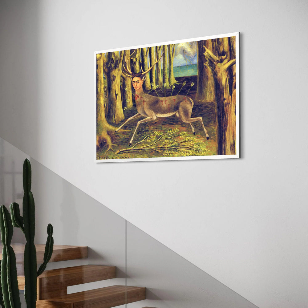 Surreal Stag with Human Face Canvas, Frida Kahlo Deer Art, Forest Scene Wall Decor, Modern Surrealism Canvas Art, Unique Home Print Art