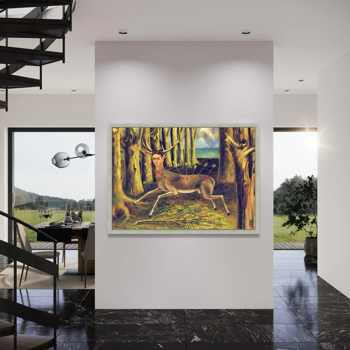 Surreal Stag with Human Face Canvas, Frida Kahlo Deer Art, Forest Scene Wall Decor, Modern Surrealism Canvas Art, Unique Home Print Art