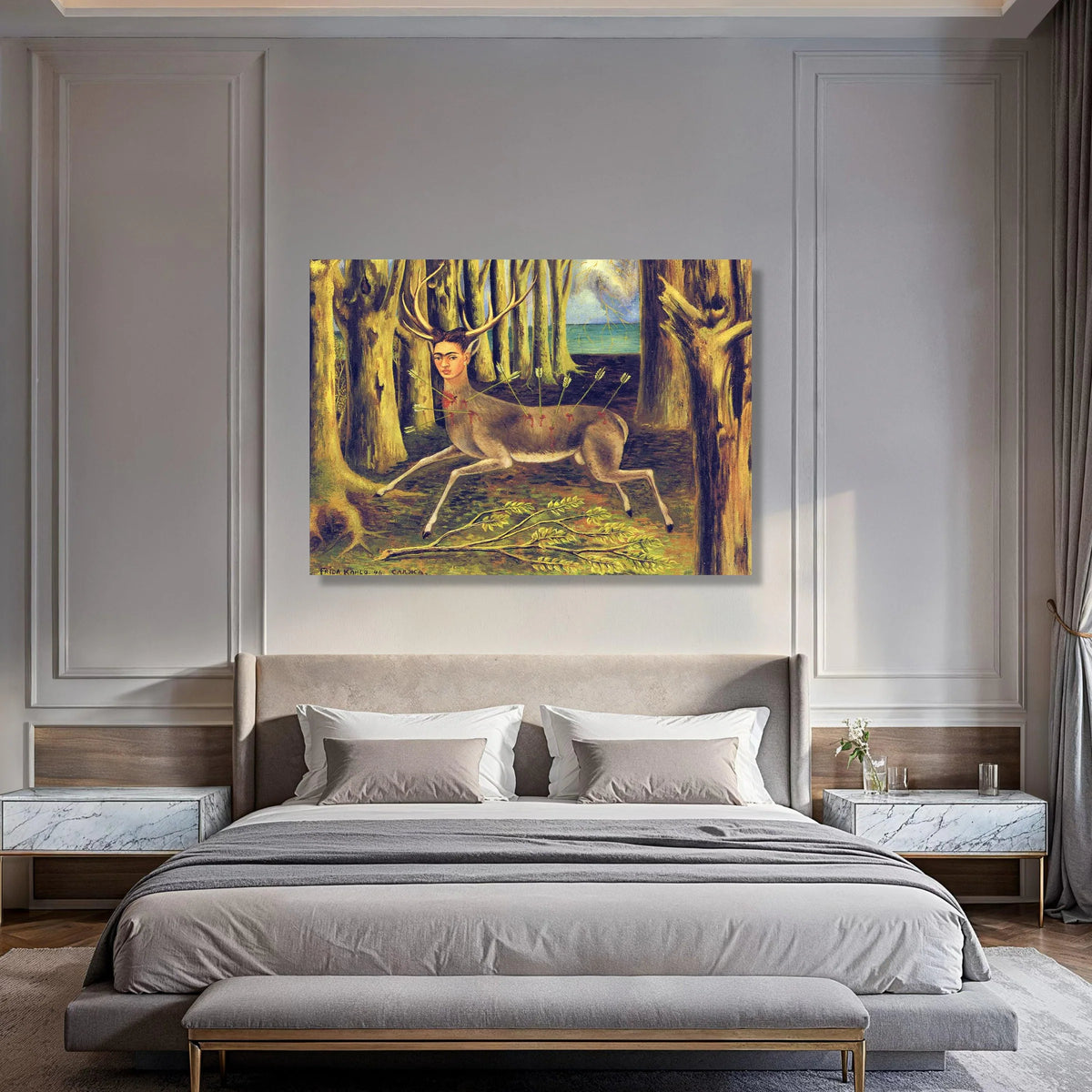 Surreal Stag with Human Face Canvas, Frida Kahlo Deer Art, Forest Scene Wall Decor, Modern Surrealism Canvas Art, Unique Home Print Art