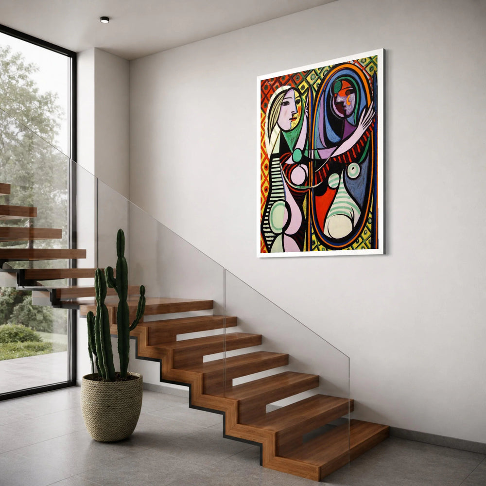 Abstract Woman with Mirror Canvas Wall Art, Colorful Cubism Portrait, Modern Artistic Home Decor, Geometric Female Figure Canvas Print Art
