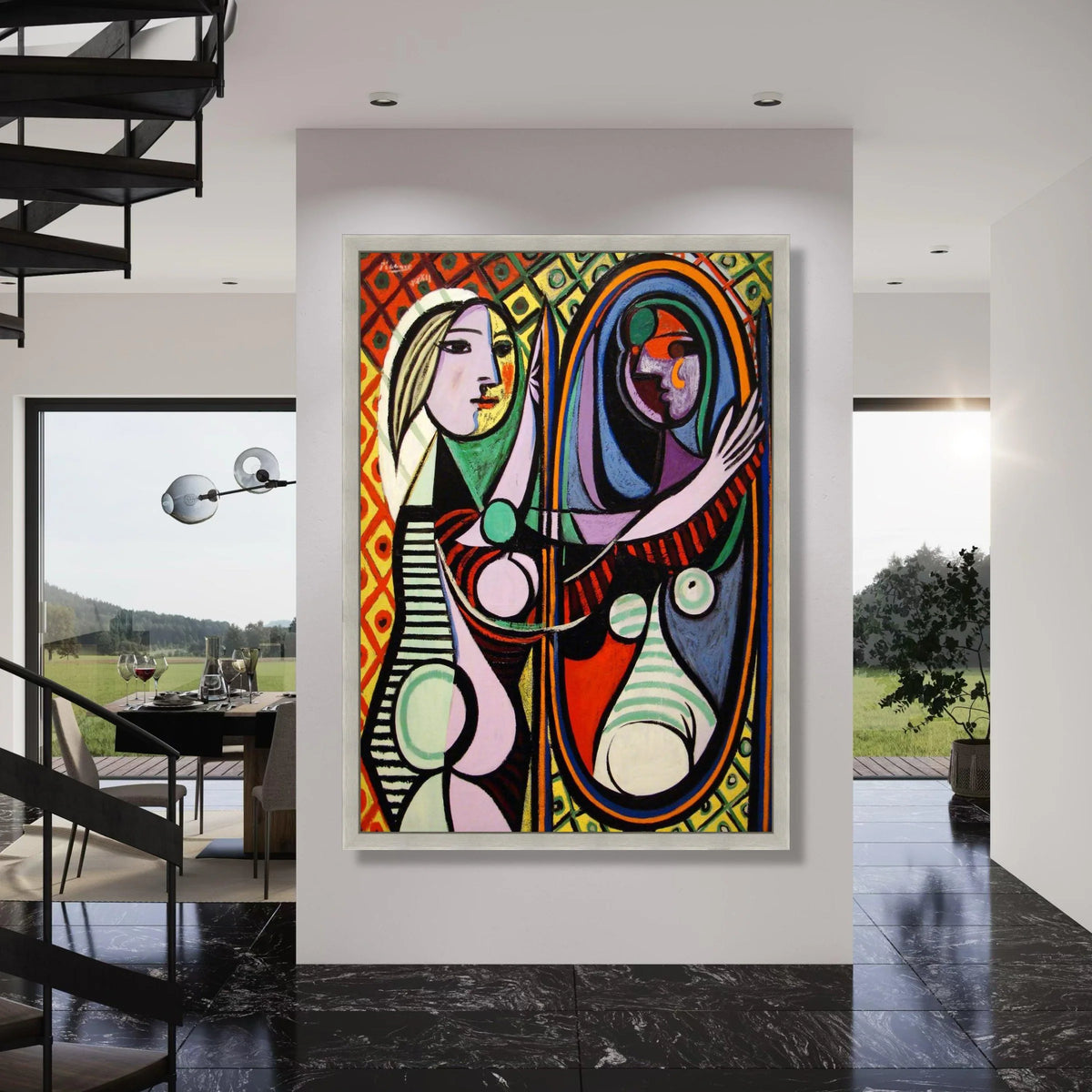 Abstract Woman with Mirror Canvas Wall Art, Colorful Cubism Portrait, Modern Artistic Home Decor, Geometric Female Figure Canvas Print Art