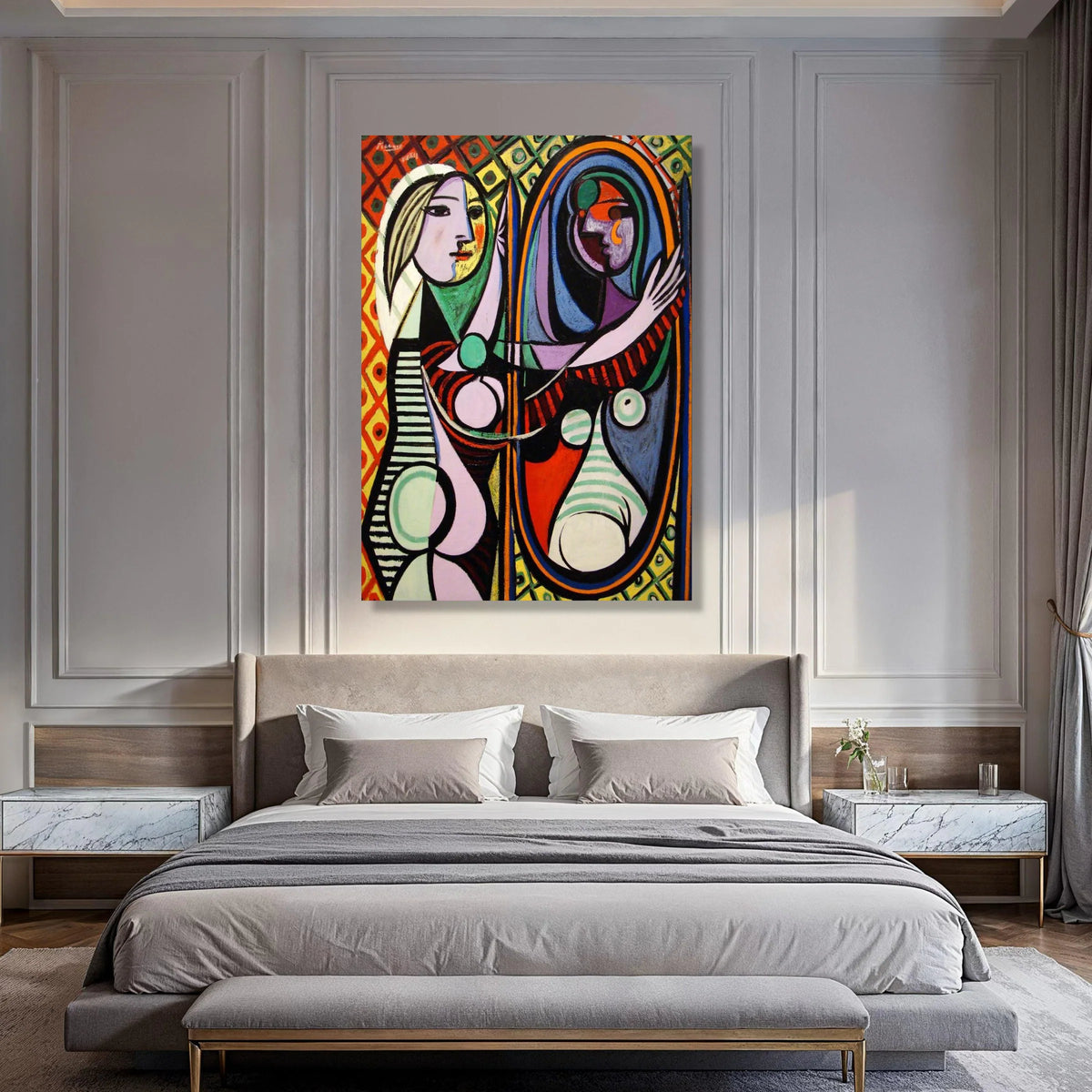 Abstract Woman with Mirror Canvas Wall Art, Colorful Cubism Portrait, Modern Artistic Home Decor, Geometric Female Figure Canvas Print Art