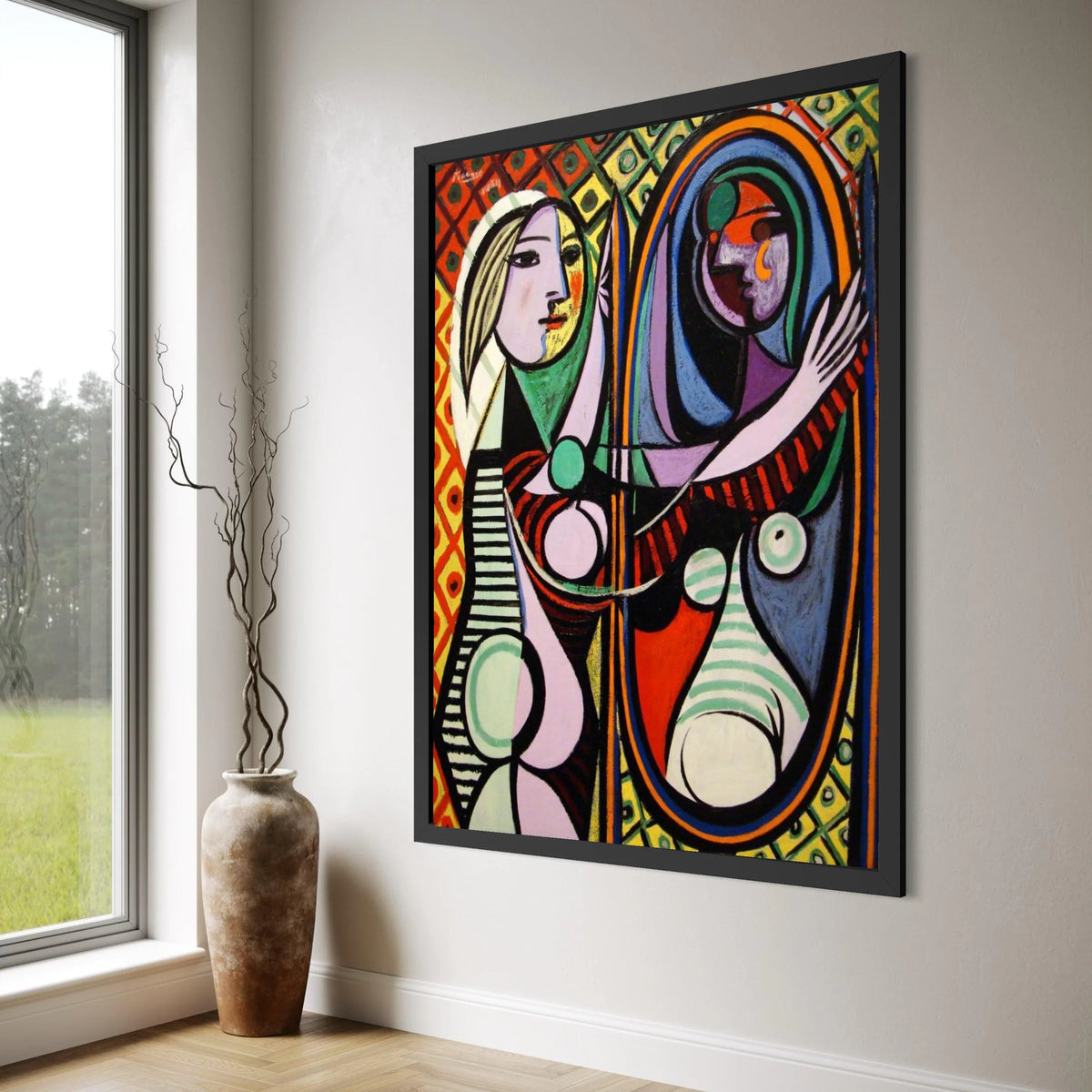 Abstract Woman with Mirror Canvas Wall Art, Colorful Cubism Portrait, Modern Artistic Home Decor, Geometric Female Figure Canvas Print Art