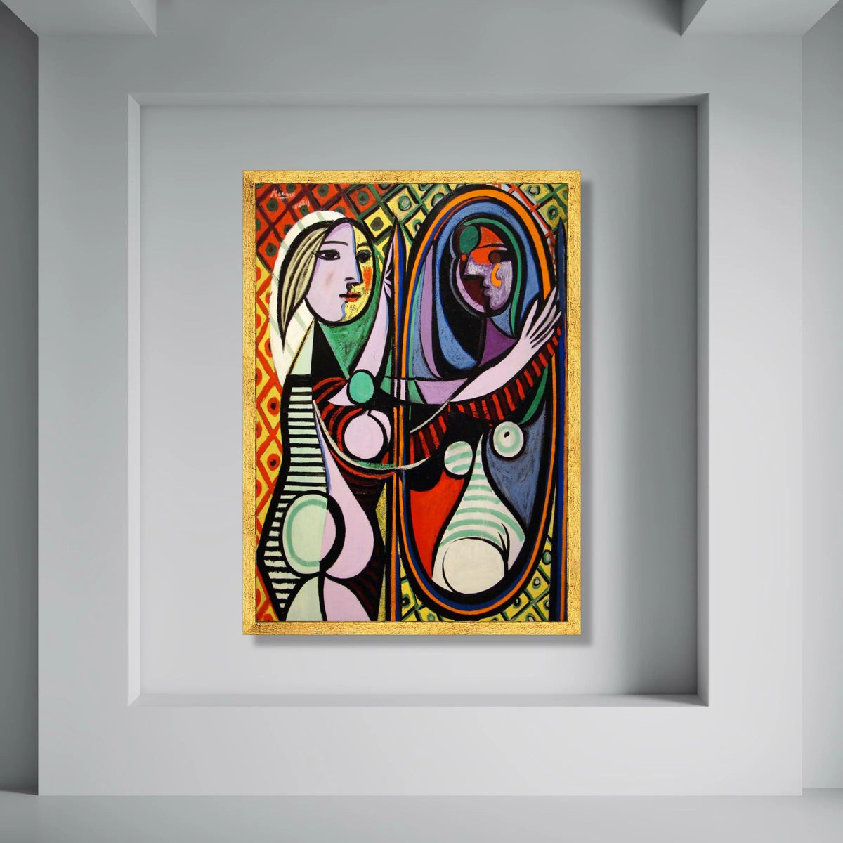 Abstract Woman with Mirror Canvas Wall Art, Colorful Cubism Portrait, Modern Artistic Home Decor, Geometric Female Figure Canvas Print Art