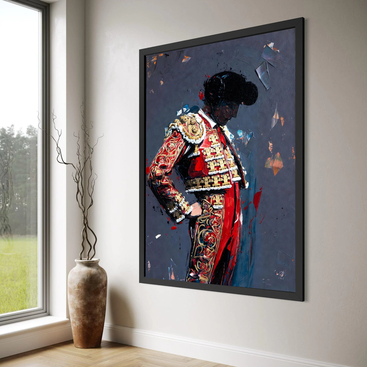 Elegant Matador Portrait Canvas, Spanish Bullfighter Art, Red and Gold Costume Wall Art, Cultural Home Decoration, Ready to Hang Print Art