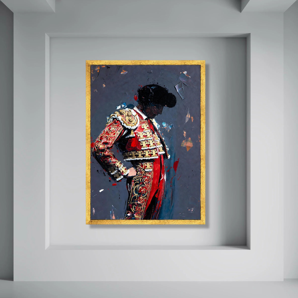 Elegant Matador Portrait Canvas, Spanish Bullfighter Art, Red and Gold Costume Wall Art, Cultural Home Decoration, Ready to Hang Print Art