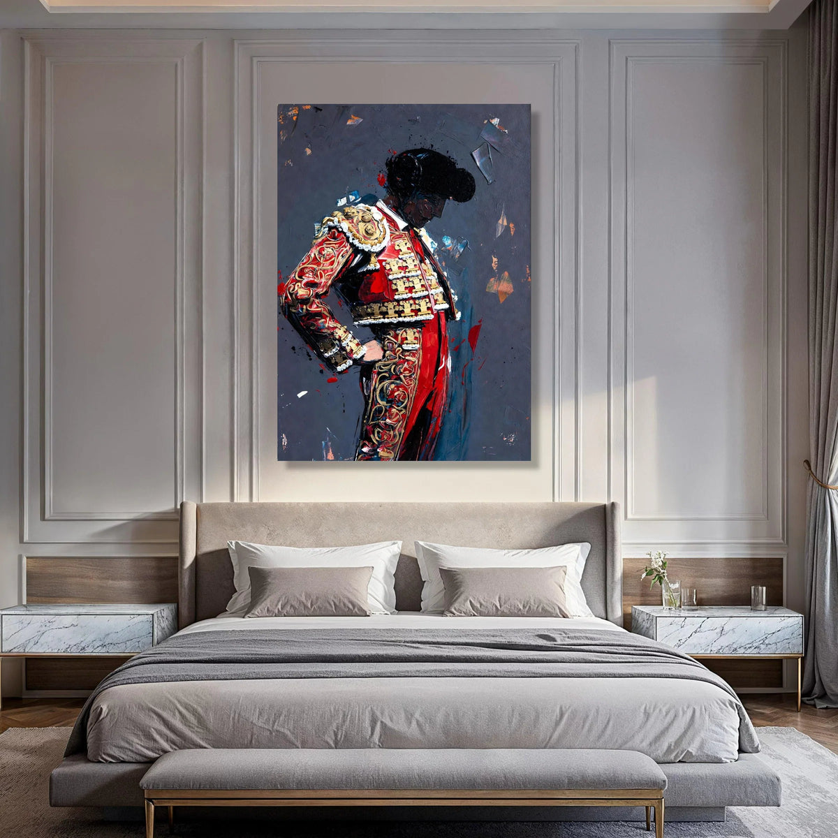 Elegant Matador Portrait Canvas, Spanish Bullfighter Art, Red and Gold Costume Wall Art, Cultural Home Decoration, Ready to Hang Print Art