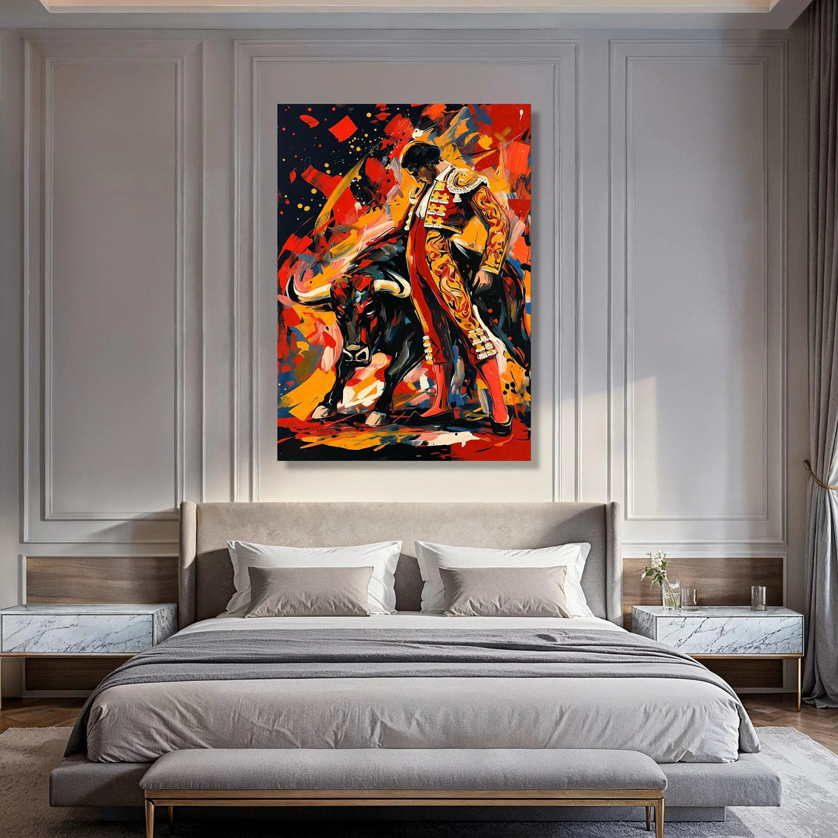 Bullfighter and Bull Canvas Art, Spanish Matador Wall Art, Vibrant Flamenco Canvas, Bold Colorful Home Decor, Dynamic Action Print Art