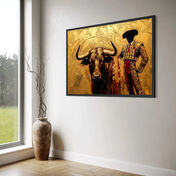 Bold Matador and Bull Canvas Wall Art, Spanish Bullfighting Scene, Gold Accent Home Decor, Dramatic Animal and Figure Painting, Print Art
