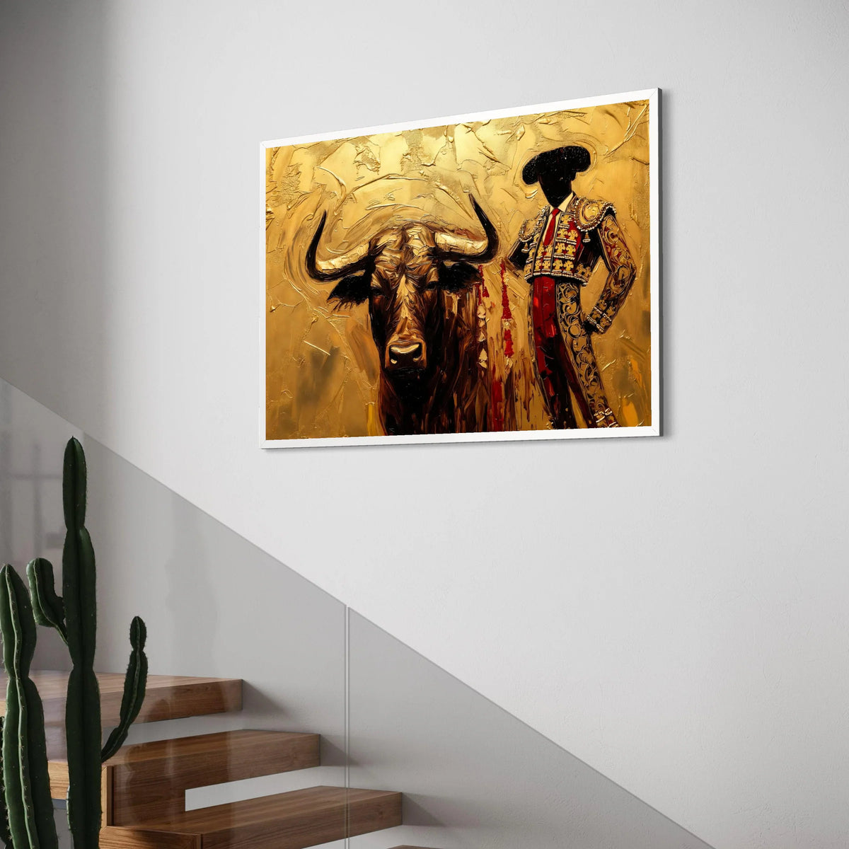 Bold Matador and Bull Canvas Wall Art, Spanish Bullfighting Scene, Gold Accent Home Decor, Dramatic Animal and Figure Painting, Print Art