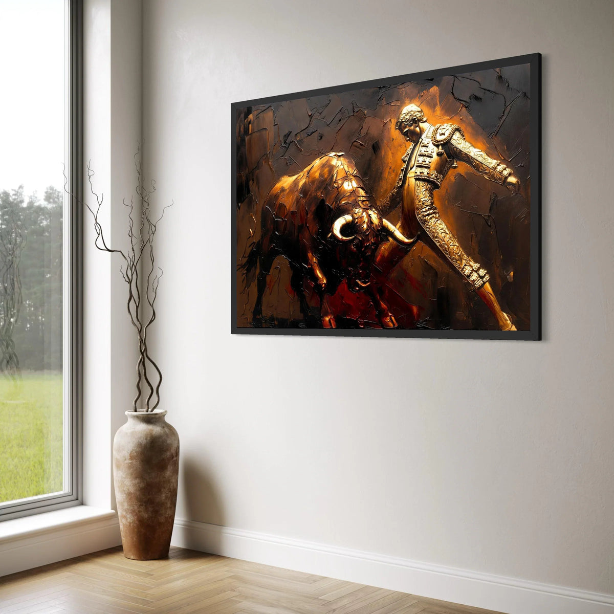 Bullfighter and Bull Canvas Wall Art, Spanish Matador Scene, Dynamic Animal Art, Warm Tones Home Decoration, Dramatic Canvas Print Art