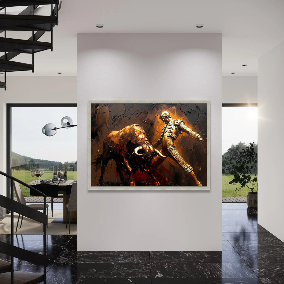 Bullfighter and Bull Canvas Wall Art, Spanish Matador Scene, Dynamic Animal Art, Warm Tones Home Decoration, Dramatic Canvas Print Art