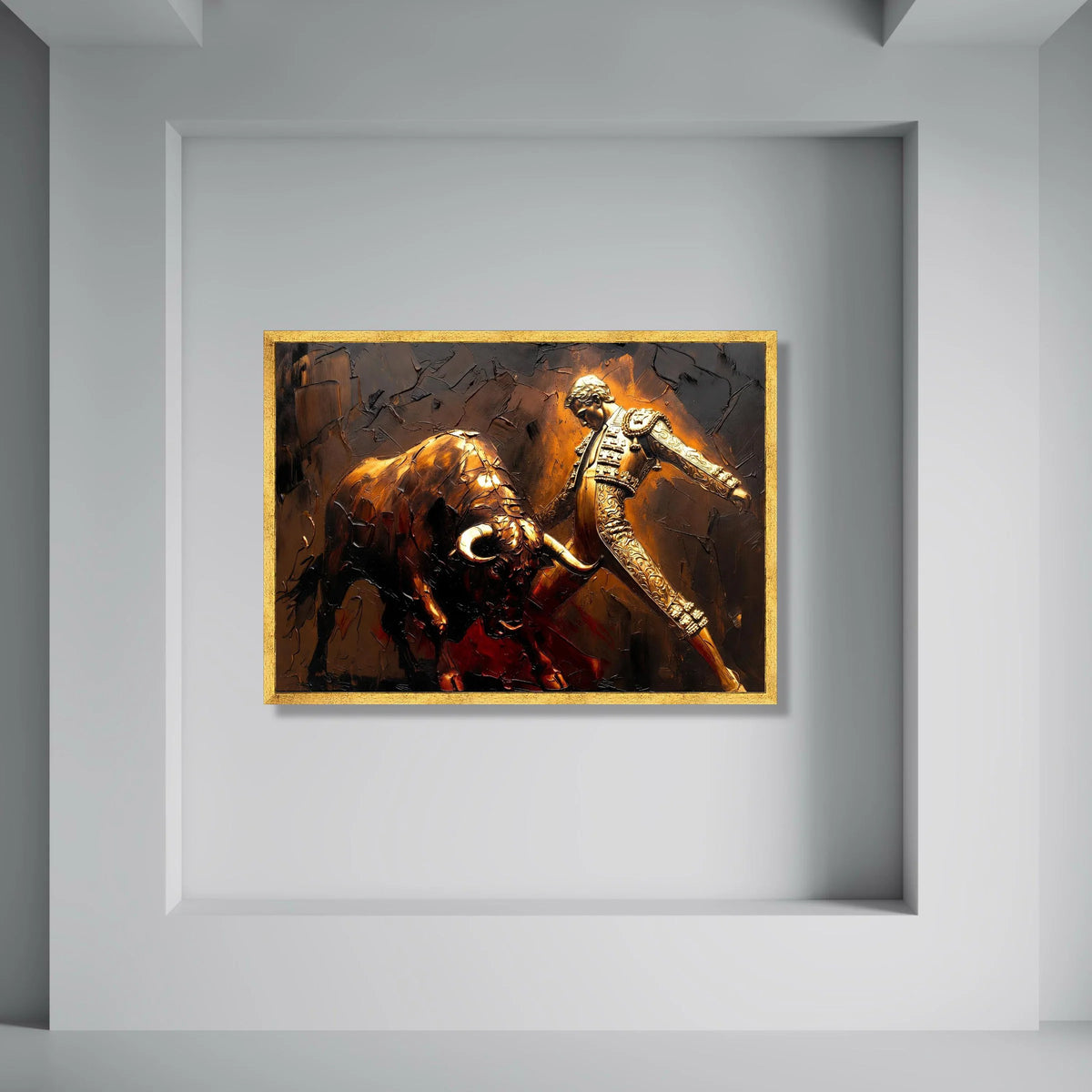 Bullfighter and Bull Canvas Wall Art, Spanish Matador Scene, Dynamic Animal Art, Warm Tones Home Decoration, Dramatic Canvas Print Art